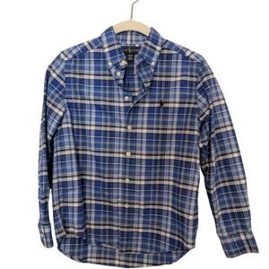Ralph Lauren Boys Shirt Sz M 10-12. Blue/Cream Tartan Plaid, 100% Cotton